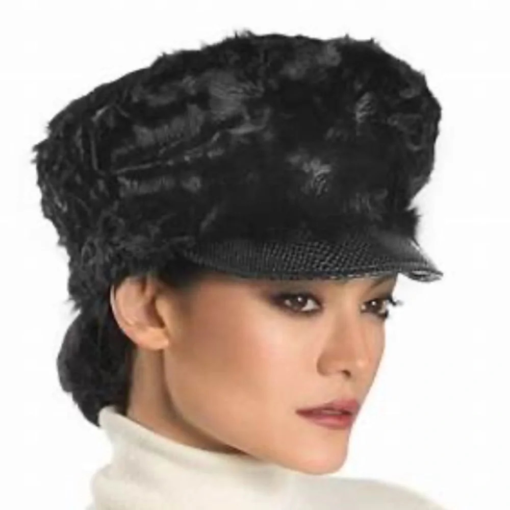 ERIC JAVITS PERSIAN CAP IN OFF WHITE ITALIAN LAMB FUR WITH LOGO BUCKLE PACKABLE - Picture 2 of 15
